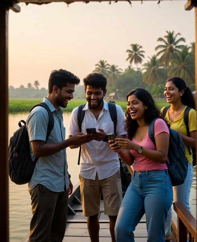 Illustration: friends laughing together at a backwaters boat jetty at sunset